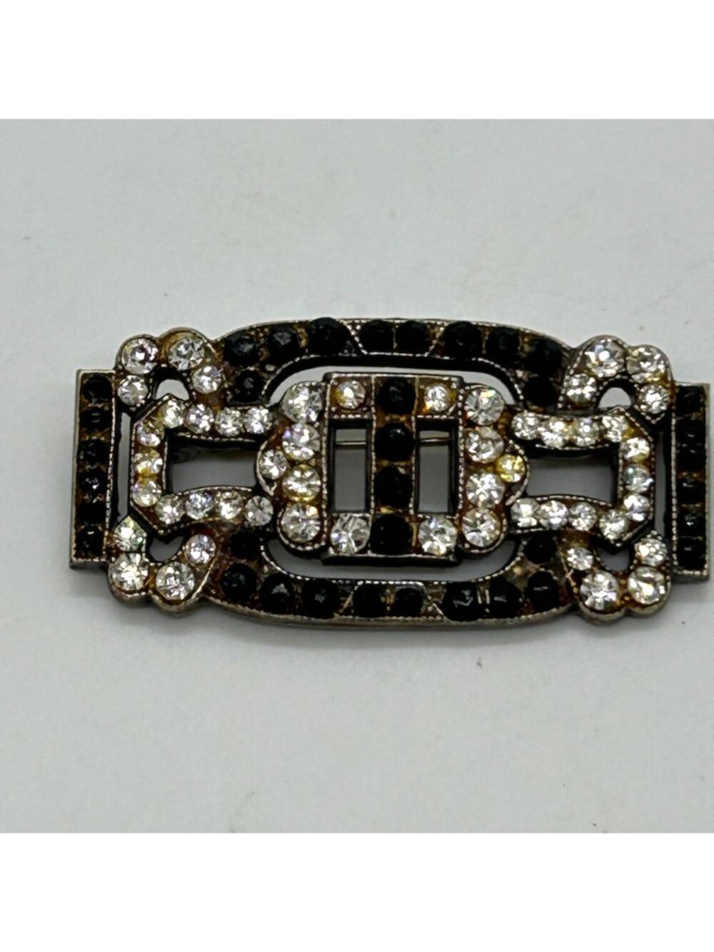 Vintage Art Deco Style Rhinestone Brooch Silver Tone GeometricTrombone Clasp - Picture 11 of 13